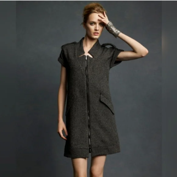 Karl Lagerfeld for Macy's Metallic Tweed Dress Zip Front Gray w/ Epaulets Size M - Picture 1 of 16